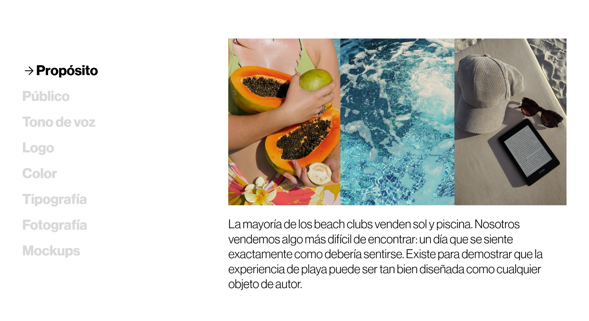 Sección Propósito del manual de marca de Bruma Beach Club
