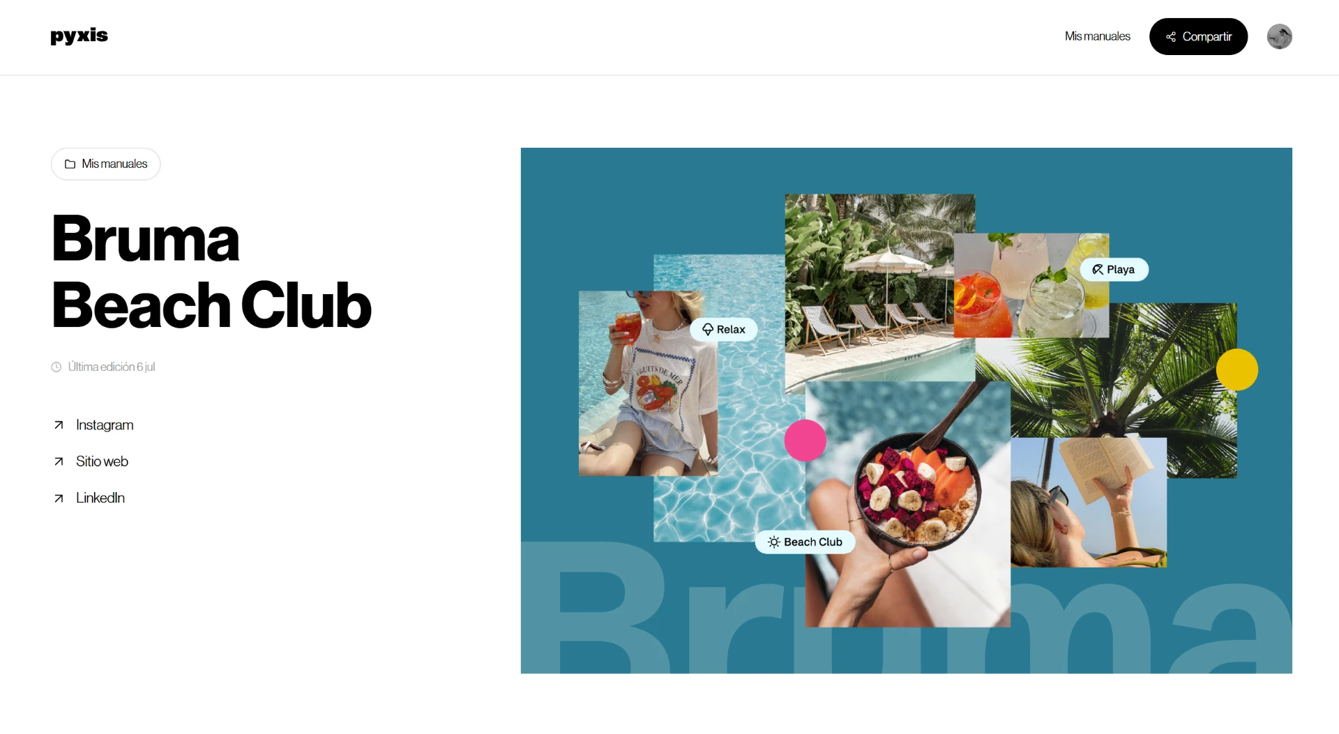 Vista del manual de marca de Bruma Beach Club en Pyxis